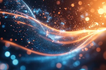 Leinwandbilder - Glowing waves of orange and blue lights create a mesmerizing abstract visual in a digital space