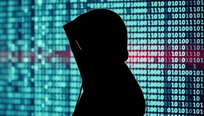 A hooded figure is silhouetted by computer code on a screen
