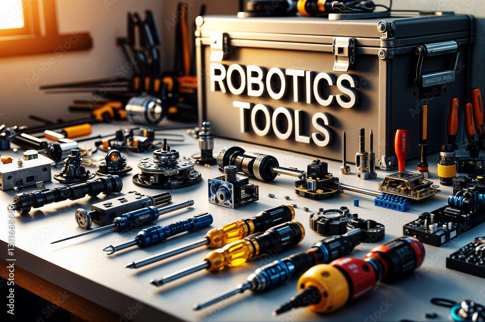 robotics tools and components organized on a table on the background of ...