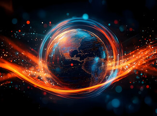 Wall Mural - abstract globe with vibrant orange and blue energy lines swirling around it on a dark background, cr