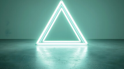 Wall Mural - Futuristic sci-fi triangle with glowing white neon tube lights, creating a high-tech, cyberpunk atmosphere in a symmetrical, geometric design.
