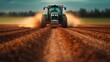 © Nataliia_Trushchenko - Tractor is driving through a field of dirt. The dirt is brown and the tractor is covered in dust