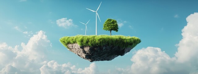 Wall Mural - floating islands with green energy sources like wind and solar power.