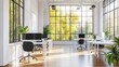© lestari - Modern office space with large windows overlooking trees. Use for interior design, workspace, or business concept images