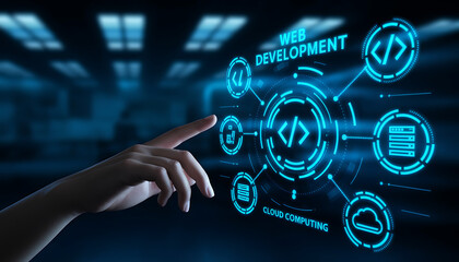 Web Development and Cloud Computing Interface, software development, coding, programming, digital transformation, UI design, UX design, artificial intelligence, machine learning.