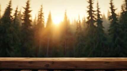 Poster - Iceberg melting concept. Sunrise over a tranquil forest, soft light filtering through pine trees.