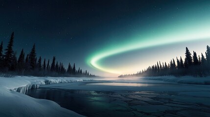 Aurora borealis northern lights idea. Majestic aurora borealis lights up a tranquil winter landscape by a frozen river.