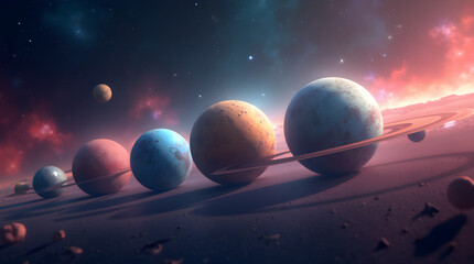 Wall Mural - Cosmic Colorful Planets Rings Nebulae Space Sci-Fi Digital Artwork