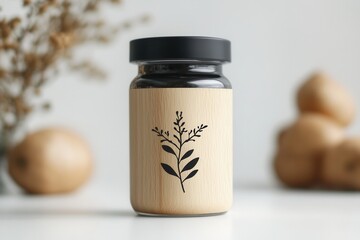 Poster - Minimalist spice jar design featuring elegant black and white herbal branding with natural wood elements appealing to modern aesthetics