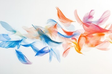 Poster - Floating feathers dance softly against a white background in a dreamlike composition for ethereal tranquility