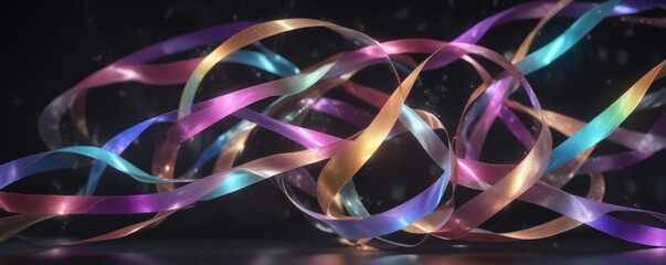 Wall Mural - Iridescent ribbons of light floating in the atmosphere with metallic undertones, luminous, metallic