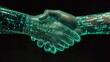© ma - Holographic handshake in augmented reality glasses for tech communication scenarios, matte black background, turquoise and charcoal gray tones, vector illustration, minimalist style.