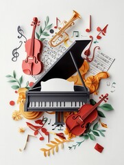 Fototapete - Dynamic paper craft showcasing flowing musical notes around a grand piano, violins, and trumpets in a vibrant artistic display