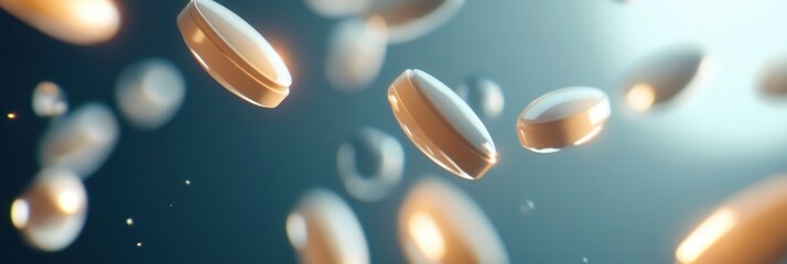 Poster - Floating pills suspended in zero gravity with soft shadows and cinematic lighting for an abstract medical theme