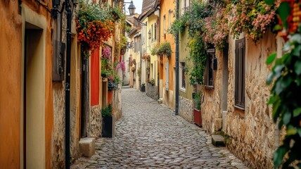  Narrow cobblestone street in a charming old European city, evoking a sense of history and timeless beauty.
