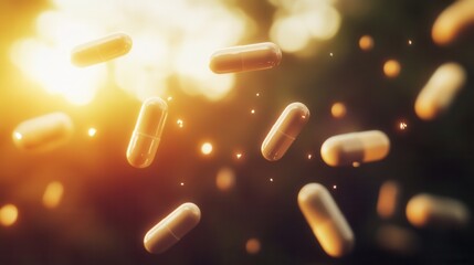 Poster - Floating capsules suspended in zero gravity with soft shadows and cinematic lighting create an abstract medical theme