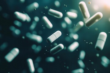 Poster - Floating pills in zero gravity with soft shadows and cinematic lighting create an abstract medical theme in detailed composition