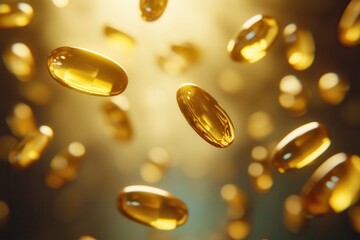 Poster - Floating golden capsules in zero gravity with cinematic lighting and soft shadows, showcasing an abstract medical theme