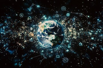 Wall Mural - earth surrounded by digital symbols and lights representing international connections