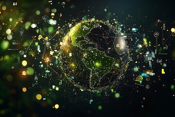 Wall Mural - earth surrounded by digital symbols and lights representing international connections