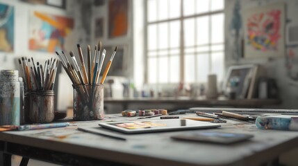 Poster - Creative workspace filled with artistic tools including brushes, pencils, and digital tablets in a colorful environment