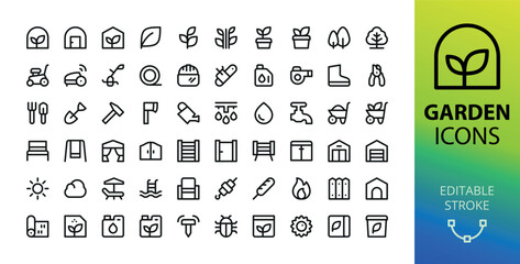 garden line ui icons set. set of greenhouse, lawn mower, pruning shears, gardening tools, barbecue, 