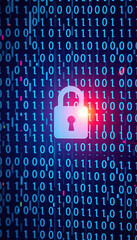 digital security concept featuring padlock overlayed on binary code symbolizing data protection