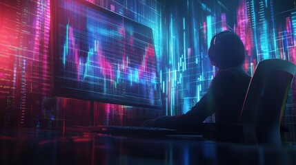 Analyzing Stock Market Data on Computer with Neon City Background