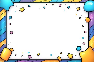 Cheerful striped frame holds an empty white space, decorated with cartoon stars, dots, and colorful shapes