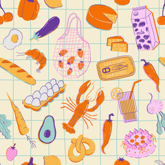 seamless vector pattern with contemporary art food illustrations. vegetables, fruits, berries, lobst