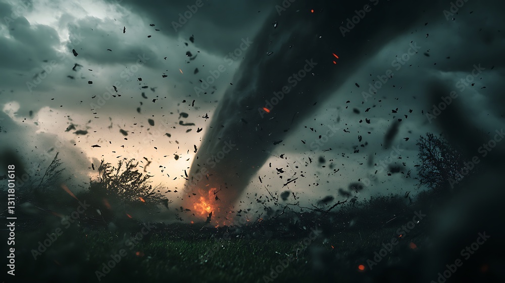 Powerful tornado with debris and fire touching down on the ground ...