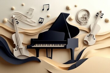 Poster - Dynamic paper craft of musical notes flowing around a grand piano, violins, and trumpets showcasing artistic creativity in music