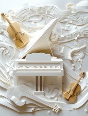 Poster - Creative paper craft arrangement of musical notes dancing around a grand piano and violins in a lively artistic display