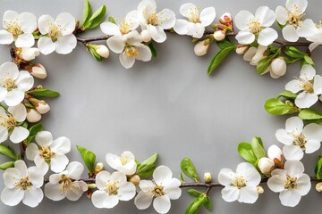 Wall Mural - Beautiful arrangement of cherry blossom flowers and buds framing a soft gray background, symbolizing spring and renewal.