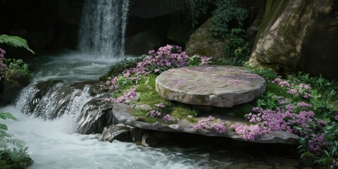 Wall Mural - Tranquil scene featuring a waterfall cascading over rocks, surrounded by vibrant pink flowers and lush greenery.