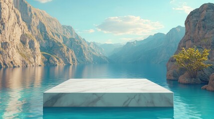 Wall Mural - A minimalist marble platform floating on calm turquoise water, surrounded by majestic mountains and a clear blue sky.