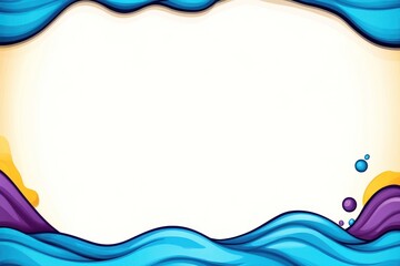 Wavy frame, stylized fluid border with bubbles. Bright background with flowing water elements, violet and yellow