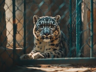 Wall Mural - snow leopard gazes powerfully from behind protective bars enclosure