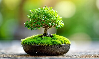 Wall Mural - miniature bonsai tree on a moss-covered base in soft natural light
