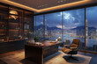 © Sahrul - Elegant Executive Office with City View: A modern office bathed in the warm glow of ambient lighting showcases an unobstructed panorama of a bustling city skyline.