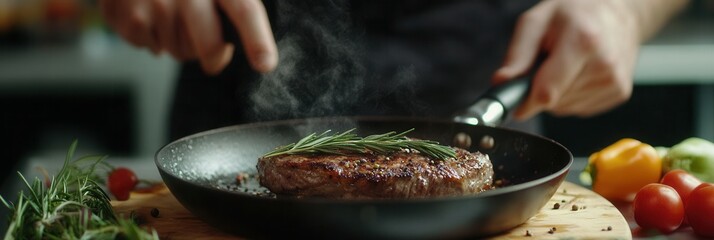Aufkleber - Cook prepares a delicious steak in a restaurant kitchen with fresh vegetables and herbs under soft lighting