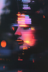 Aufkleber - Glitch-inspired collage merging fragmented neon shapes with vibrant digital distortions, each