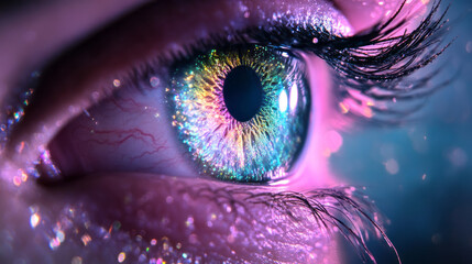 Fototapete - Dreamlike portrait featuring a luminous eye whose iris shimmers like a fanciful mirage, with