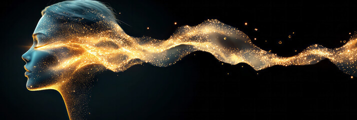 Aufkleber - Surreal composition blending a graceful profile with luminous, cascading hair merging into abstract