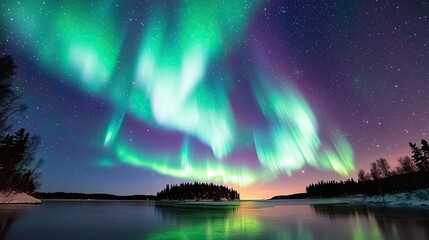 Aurora borealis northern lights concept. Stunning aurora borealis illuminates the night sky over a serene landscape.