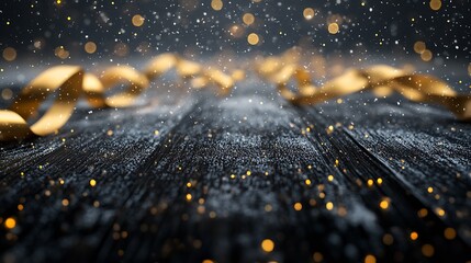 Poster - Golden Decorative Ribbons and Sparkling Lights on Wooden Floor in Winter Holiday Atmosphere : Generative AI