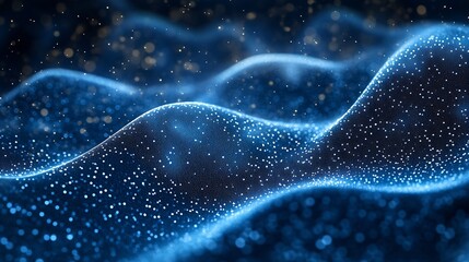 Poster - Sparkling Blue Particles Creating a Dreamy Wave Landscape in Night Sky : Generative AI