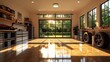 © Sopacha - 3D rendering of a brightly lit home garage with a polished floor, organized storage, and modern lighting, 8K realistic