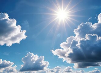 Wall Mural - Light blue clouds scattered across a bright blue sky with the sun shining down gently, blue skies, cloudy sky