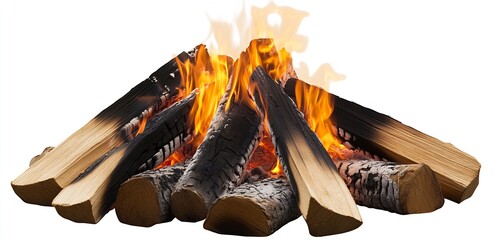 Fototapete - A campfire scene showcasing logs burning brightly with flames and embers against a white background : Generative AI